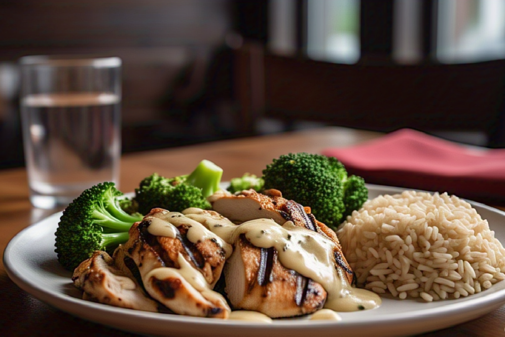 Grilled Chicken & Broccoli Bowls with Creamy Garlic Sauce